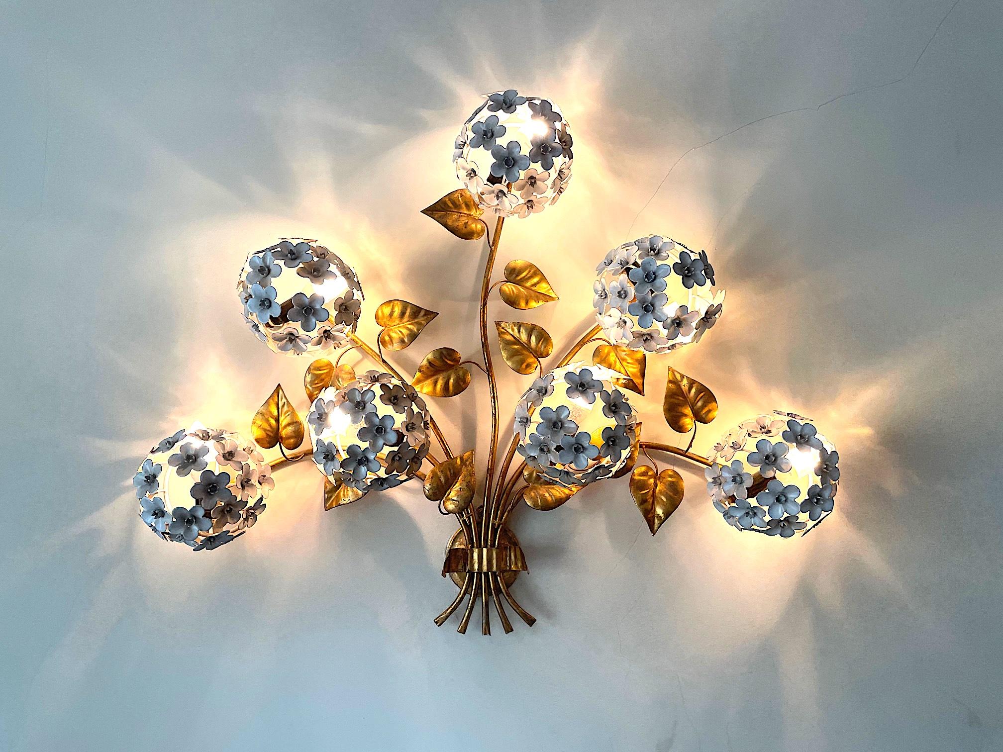 Enameled Wonderful 1950s Hydrangea Wall Light with Seven Lights Behind the Flowers
