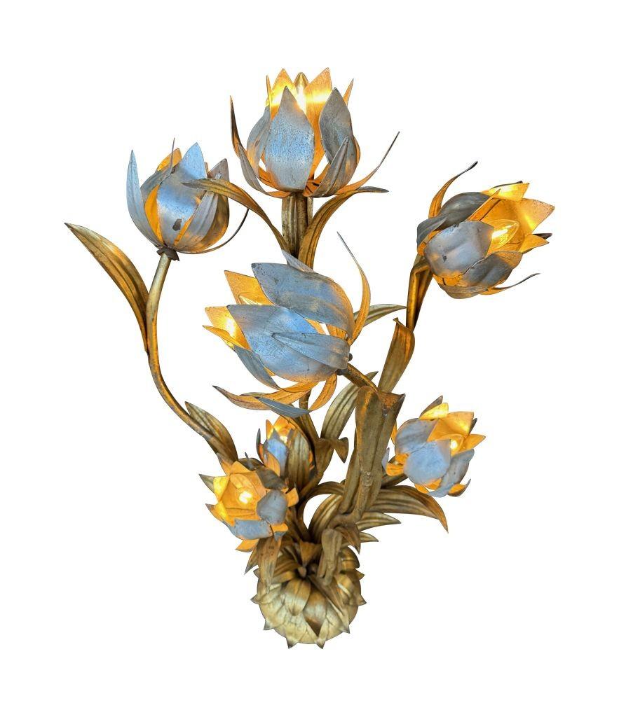 A wonderful 1960s Italian gilt metal flower lamp with 7 lights in the flowers 8
