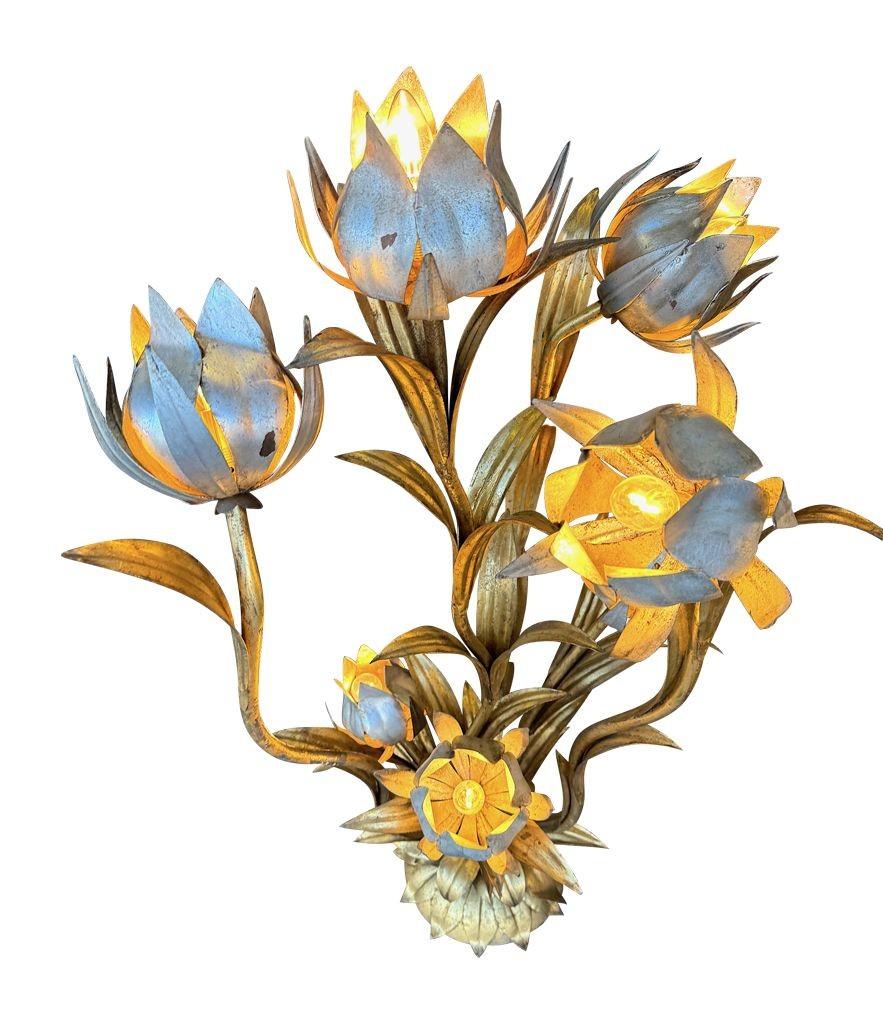 A wonderful 1960s Italian gilt metal flower lamp with 7 lights in the flowers 1