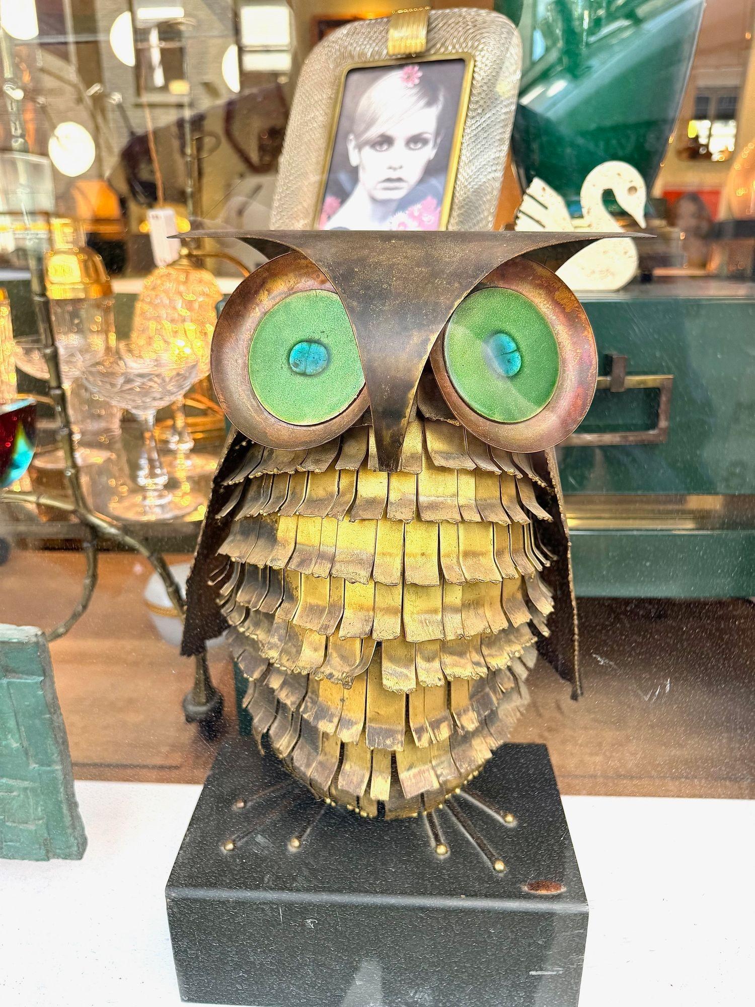 A wonderful 1966 torch cut brass Curtis Jere owl, with green enamelled eyes. 5