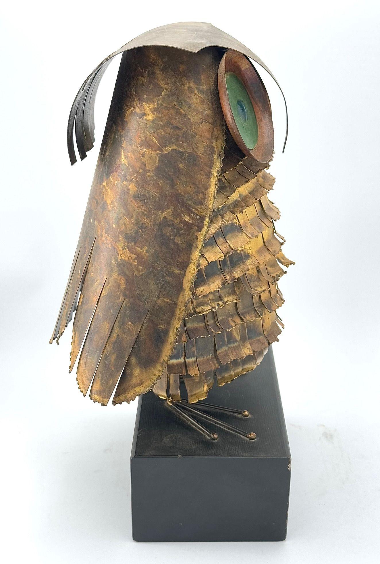 A wonderful 1966 torch cut brass Curtis Jere owl, with green enamelled eyes. 10
