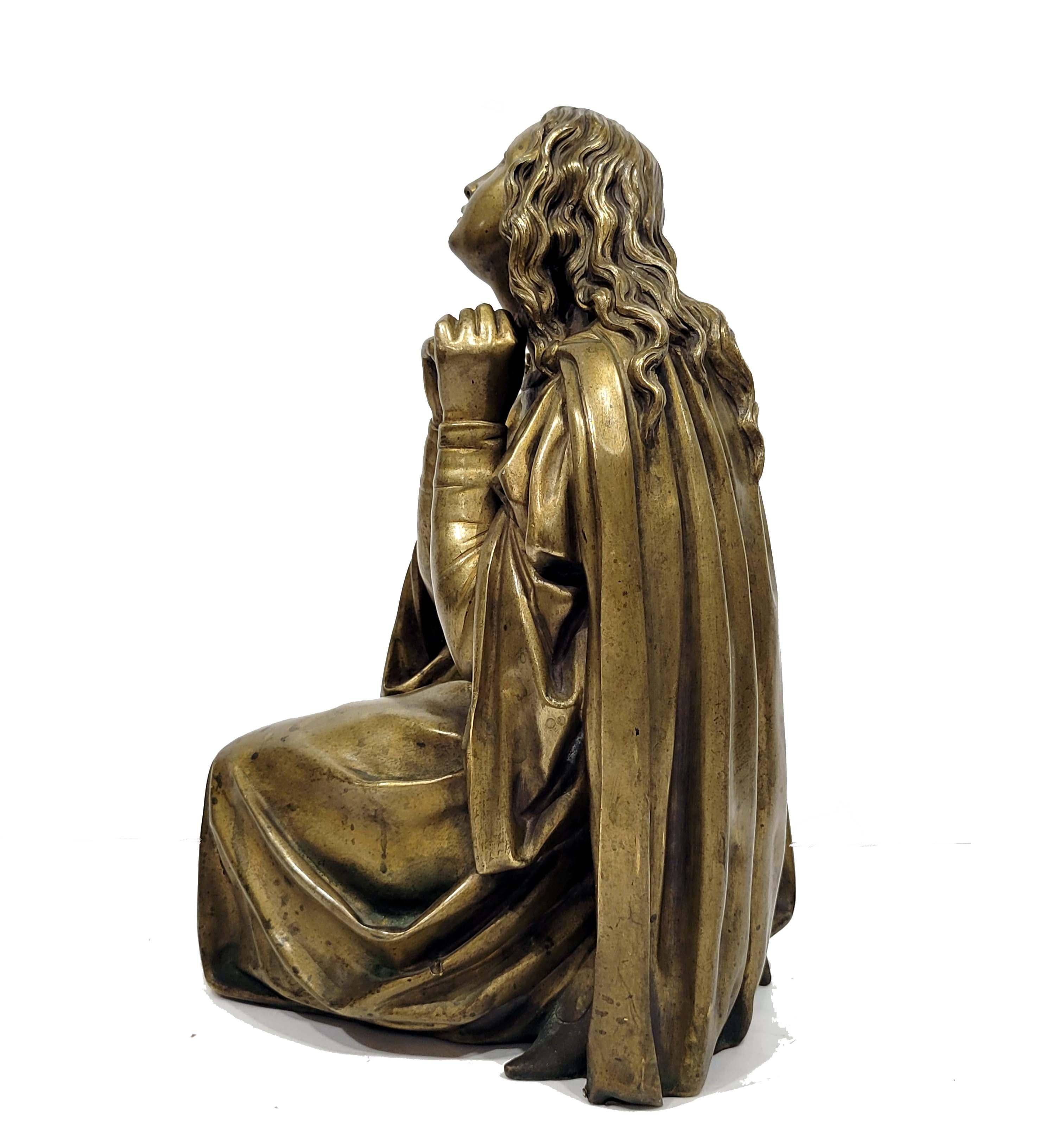 A wonderful antique bronze of Mary Magdalene, French, circa 19th century. Age patina and dark age spots visible throughout. Heavy cast bronze with wonderful chasing.
Mary Magdalene was a figure in the Bible's New Testament who was one of Jesus'