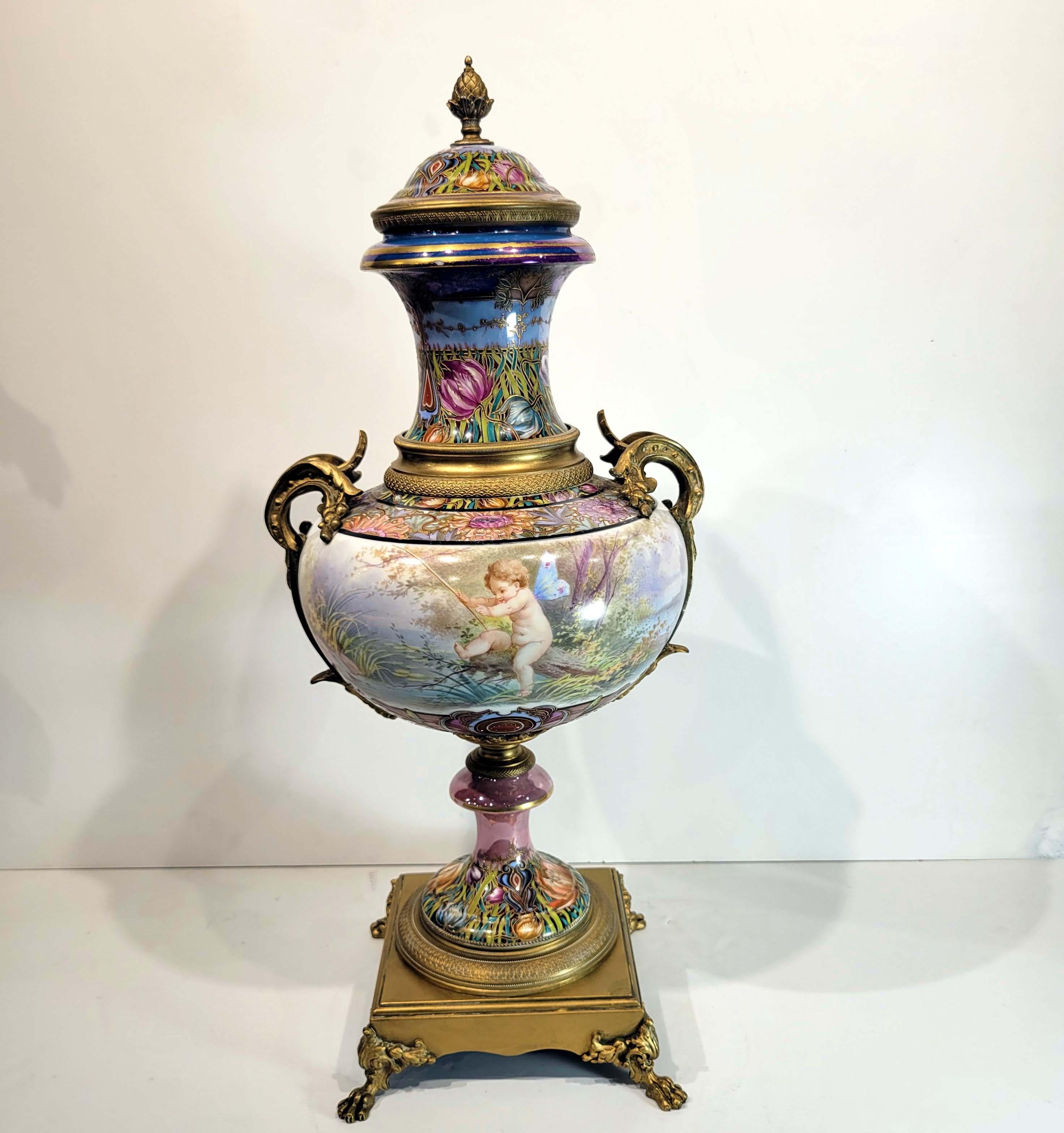 French Wonderful Art Nouveau Sevres Poecelain Covered Vase