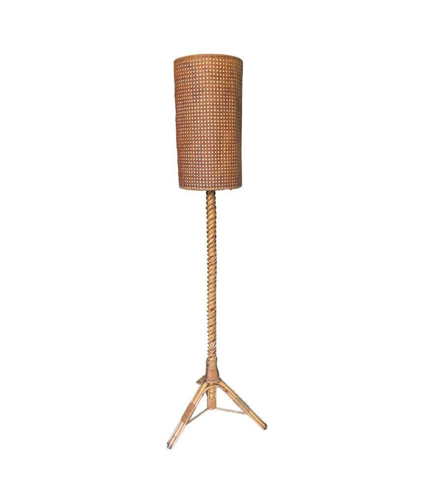A wonderful French 1960s bamboo floor lamp by Louis Sognot with original shade For Sale 4