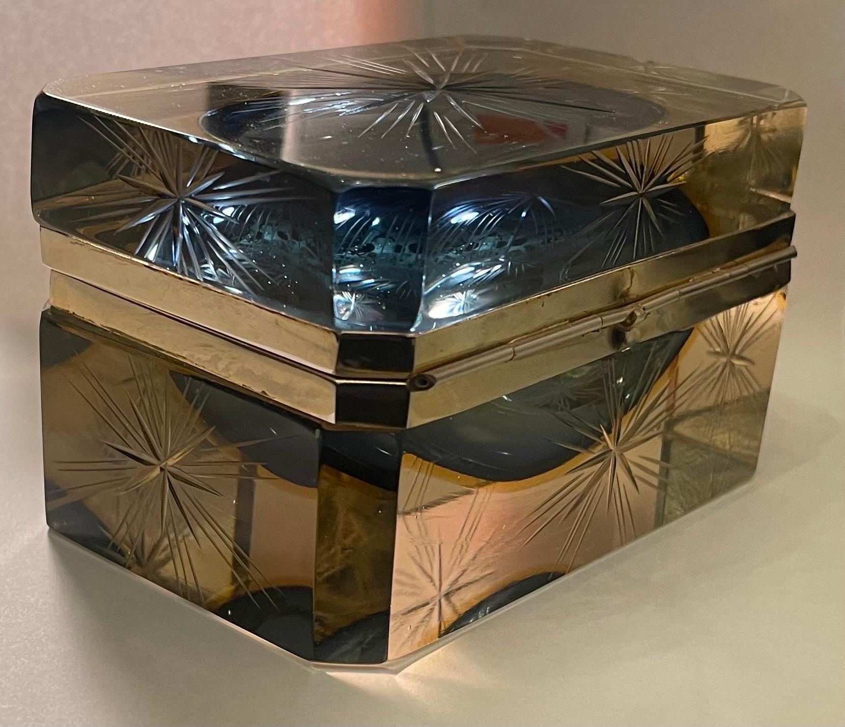 A Wonderful French Crystal Art Glass Colored Star Etched Brass Ormolu Box Casket For Sale 1