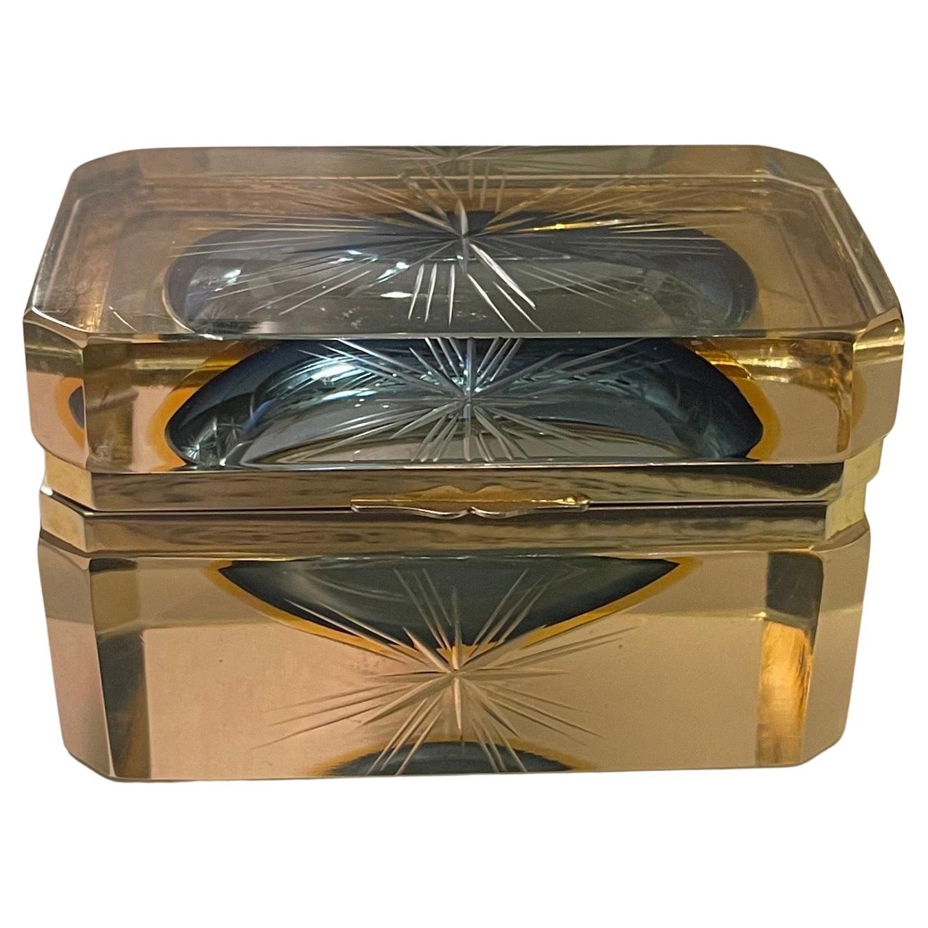 A Wonderful French Crystal Art Glass Colored Star Etched Brass Ormolu Box Casket For Sale