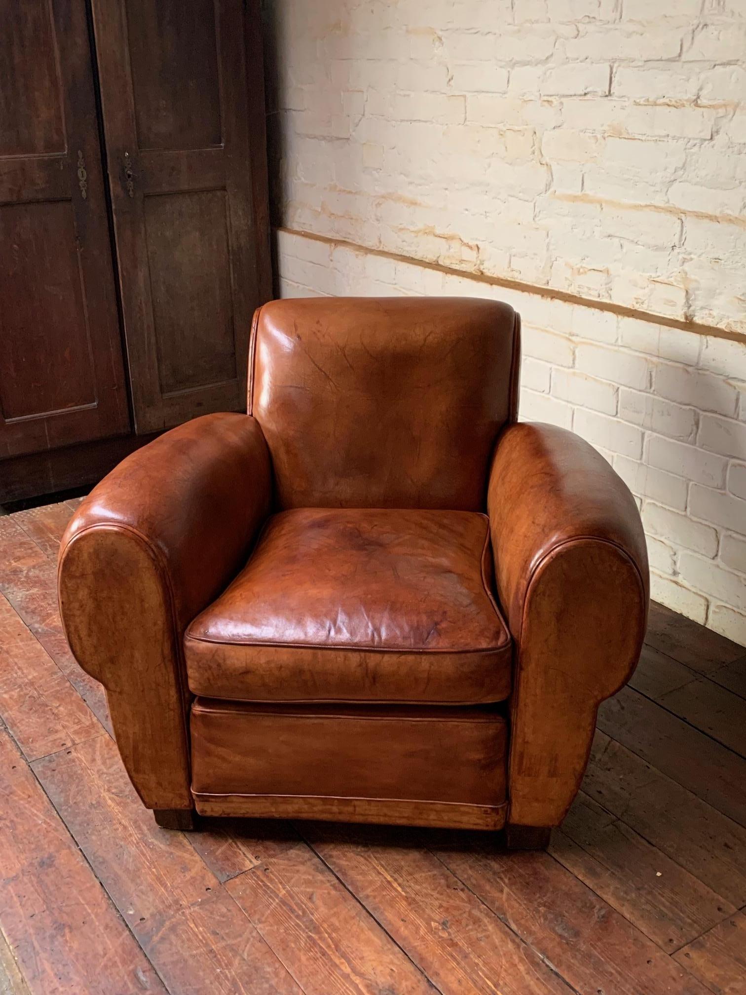 A Wonderful French Leather Club Chair, Caramel Gang-box Model, circa 1950’s 6