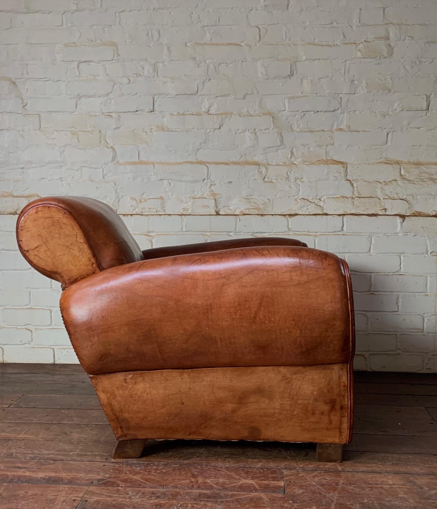 Mid-Century Modern A Wonderful French Leather Club Chair, Caramel Gang-box Model, circa 1950’s
