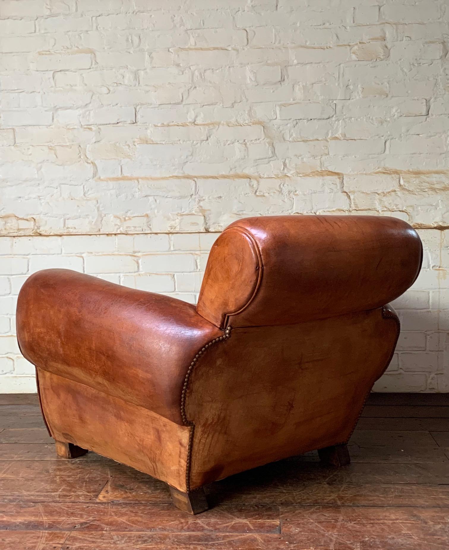 A Wonderful French Leather Club Chair, Caramel Gang-box Model, circa 1950’s In Good Condition In Hastings, GB