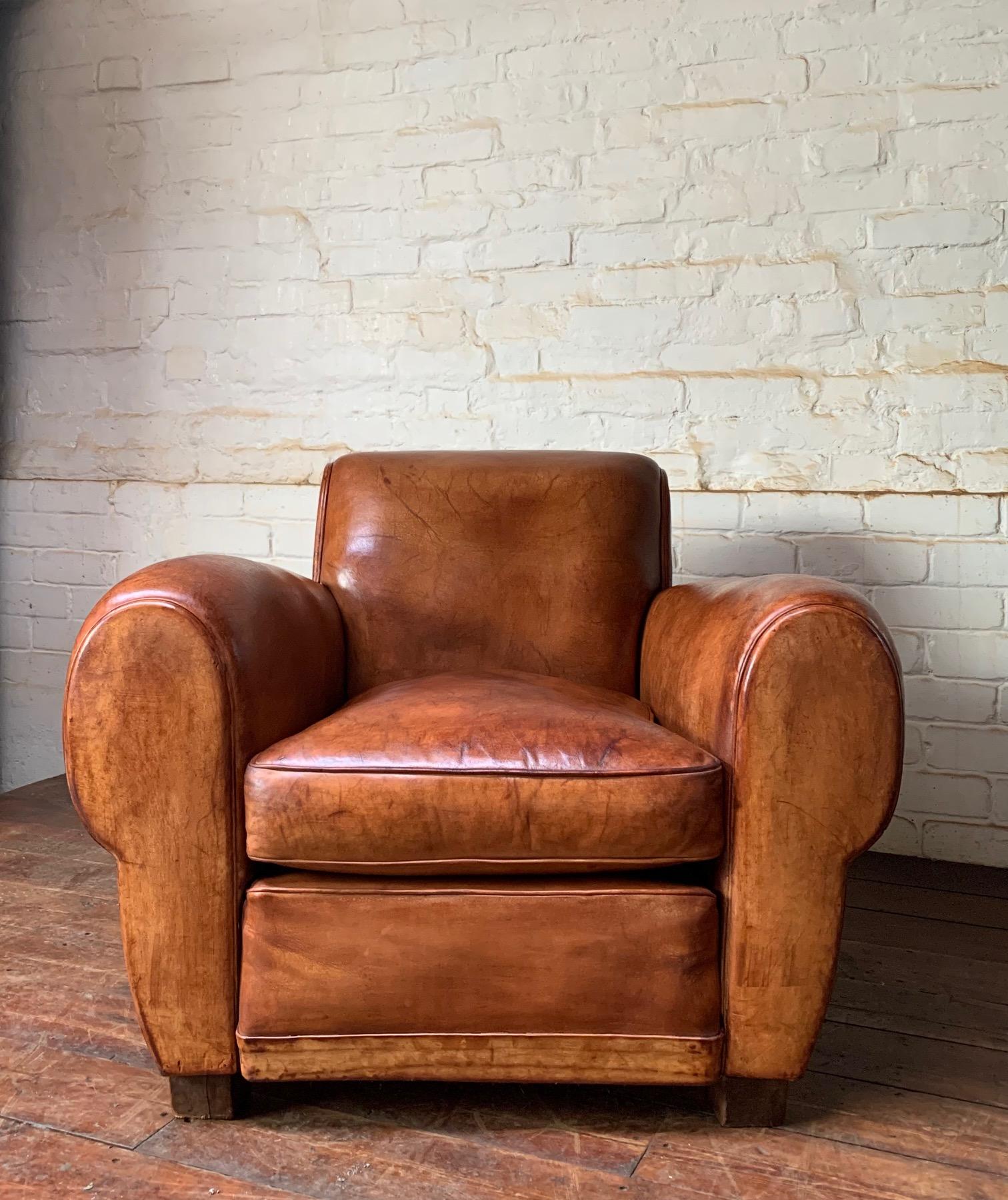 20th Century A Wonderful French Leather Club Chair, Caramel Gang-box Model, circa 1950’s