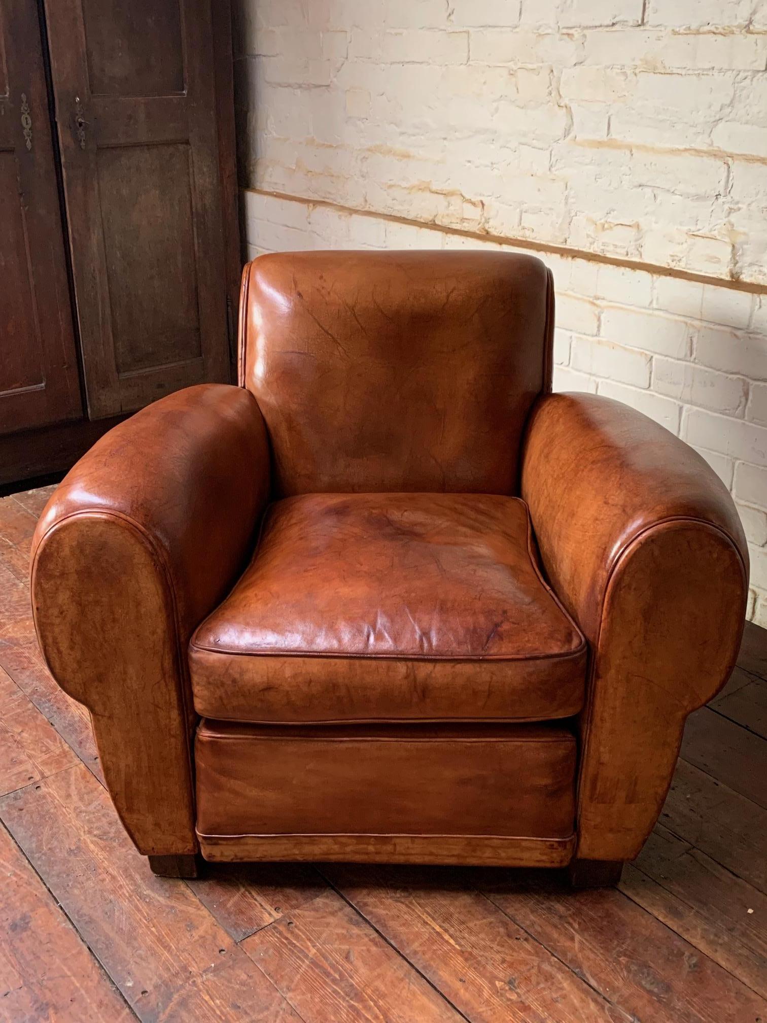 A Wonderful French Leather Club Chair, Caramel Gang-box Model, circa 1950’s 1