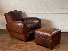 A Wonderful French Leather Club Chair & Footstool, Moustache Model Circa 1940’s