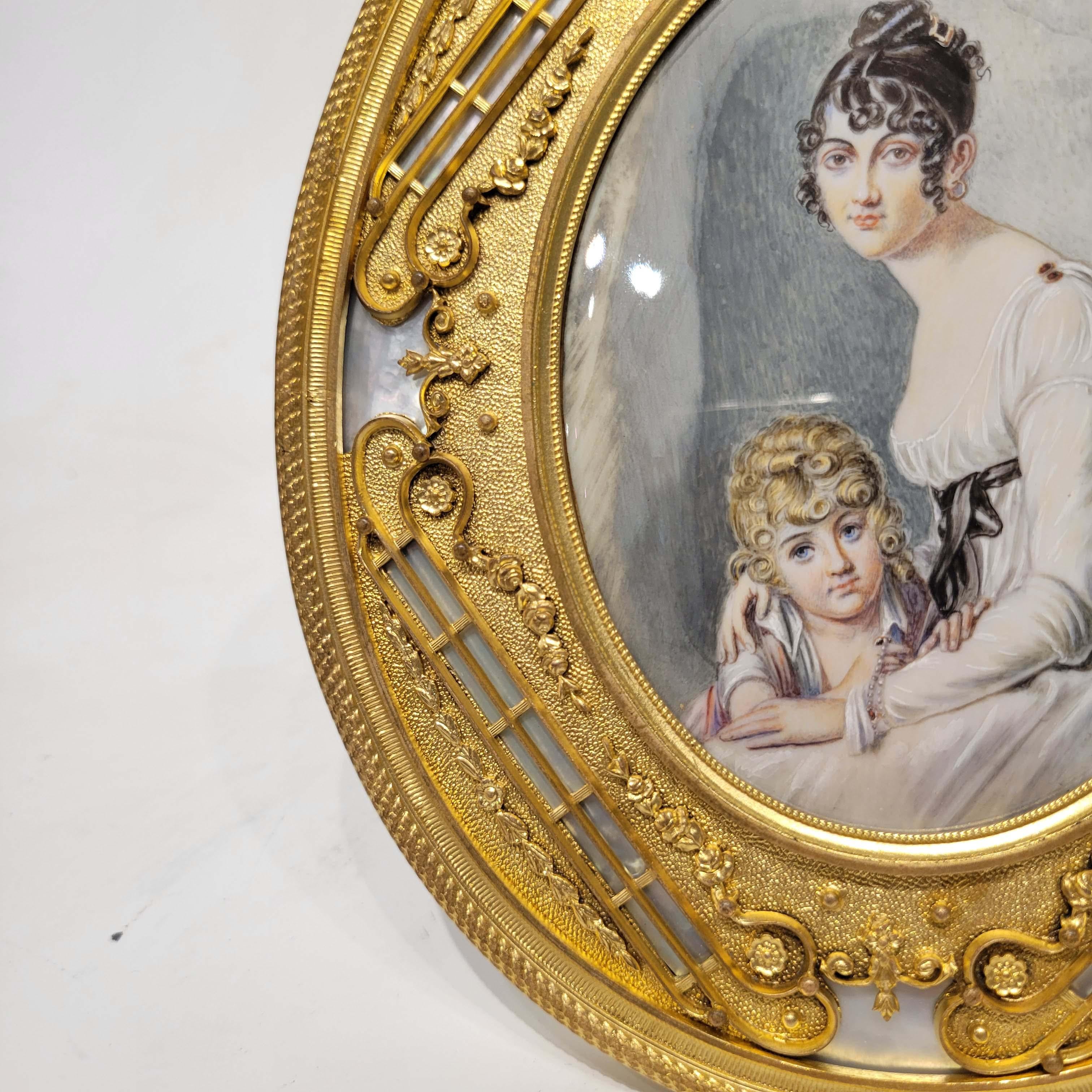 Belle Époque Wonderful French Miniature Painting in Gilt Bronze and MOP Frame 19th Century For Sale