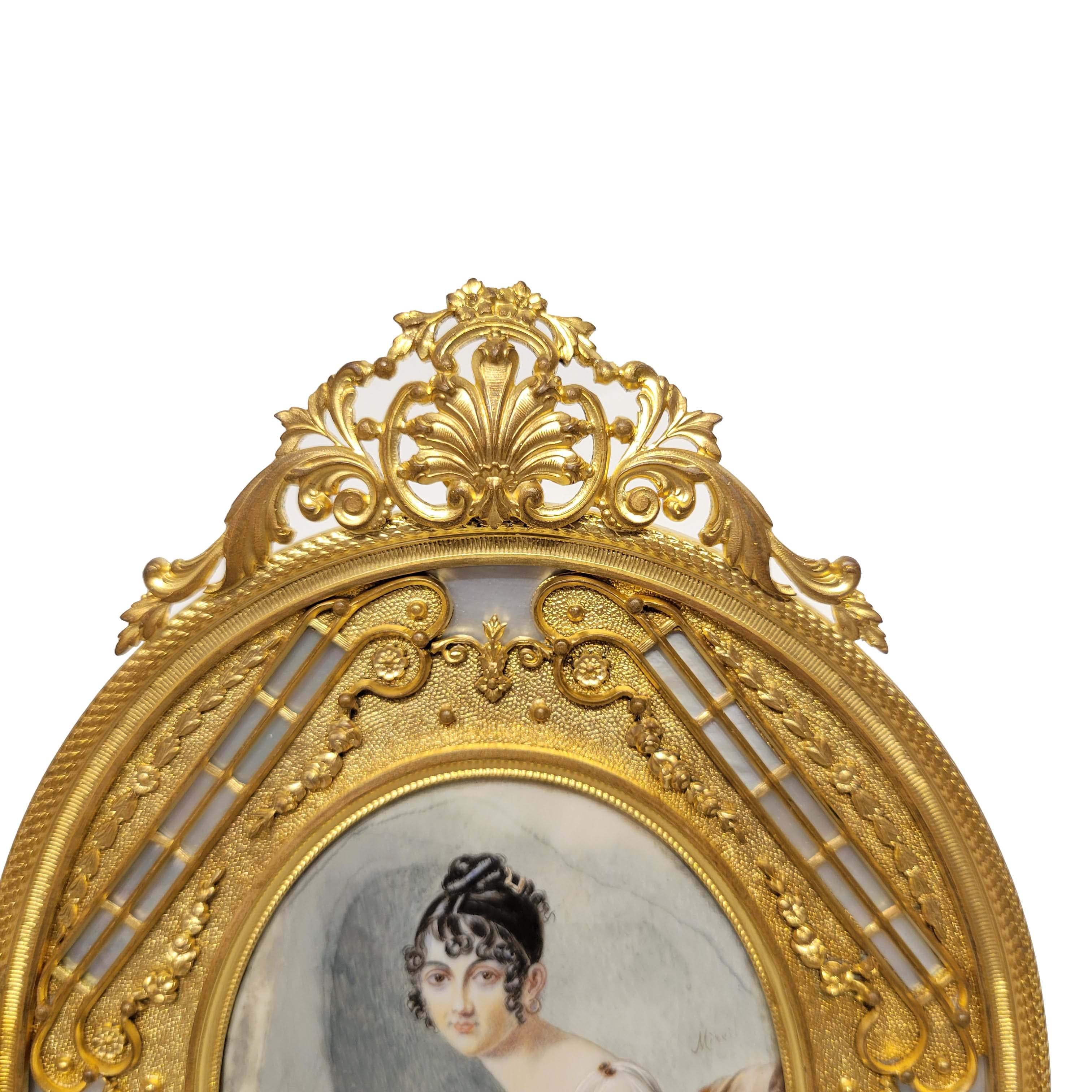 Wonderful French Miniature Painting in Gilt Bronze and MOP Frame 19th Century In Good Condition For Sale In New York, NY