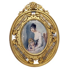 Wonderful French Miniature Painting in Gilt Bronze and MOP Frame 19th Century
