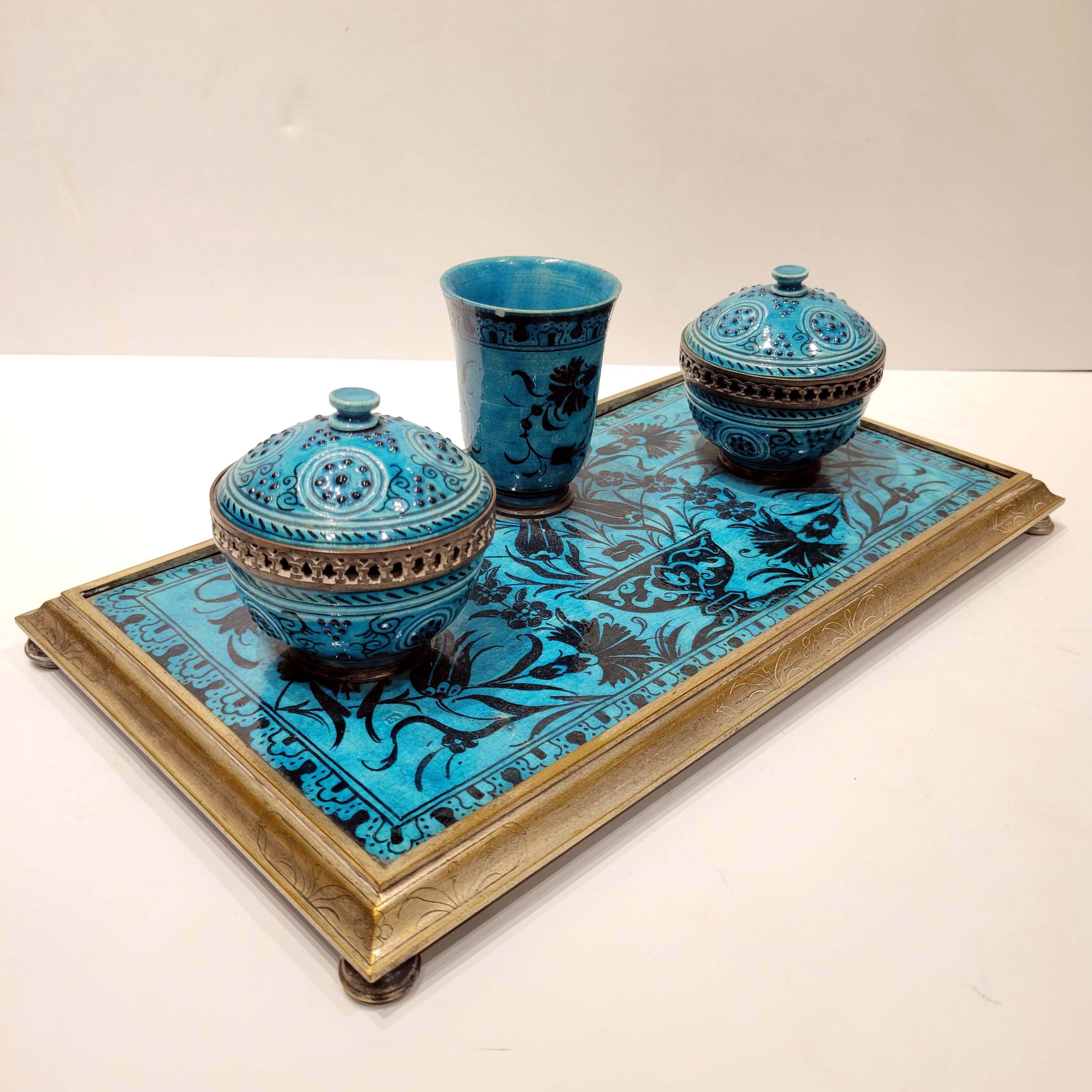 Wonderful Islamic Style French Ceramic and Bronze Inkwell 6