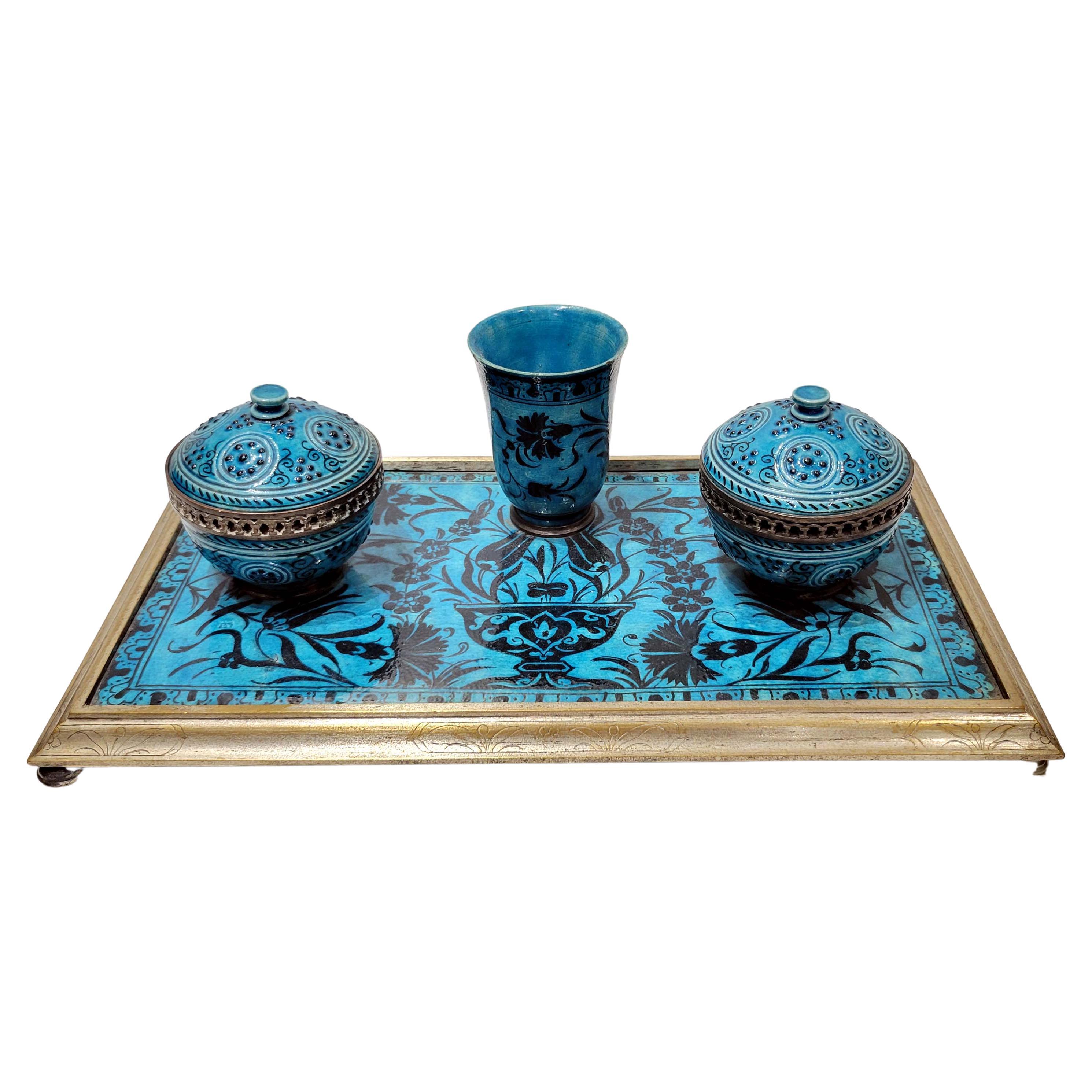 Wonderful Islamic Style French Ceramic and Bronze Inkwell