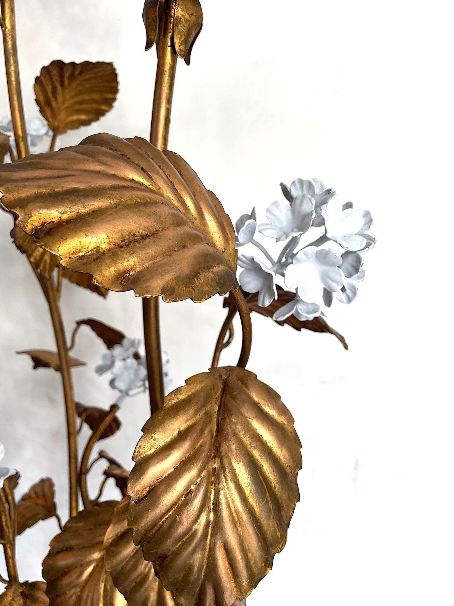 Wonderful Italian 1960s Gilt Metal and White Enamel Hydrangea Floor Lamp 1
