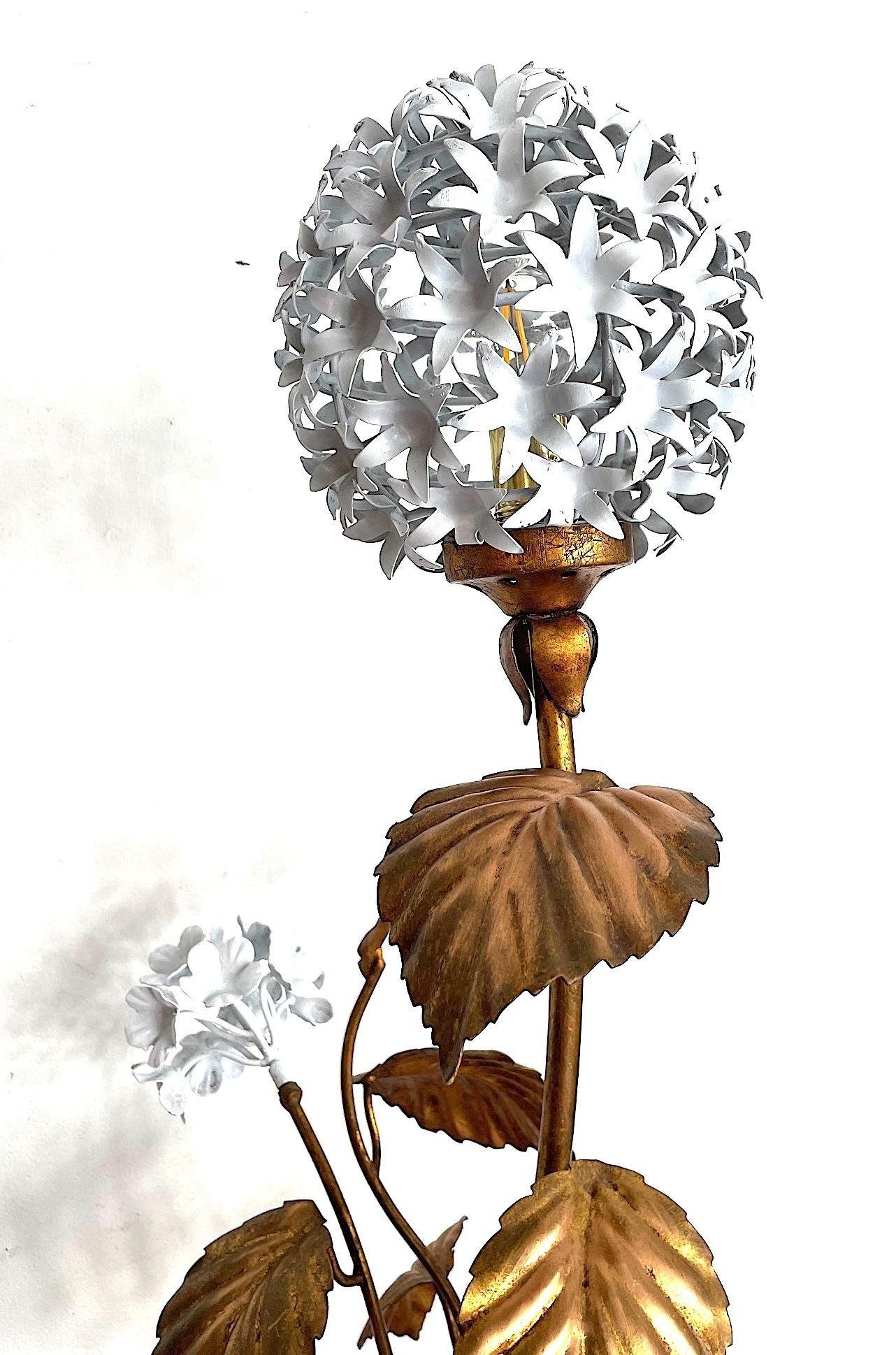 Wonderful Italian 1960s Gilt Metal and White Enamel Hydrangea Floor Lamp 2