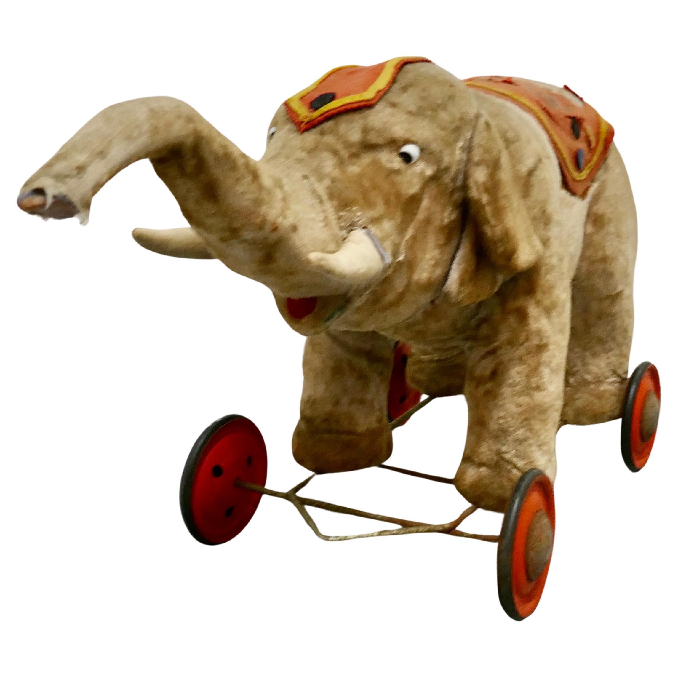 A Wonderful Old French Pull Along Circus Elephant     For Sale