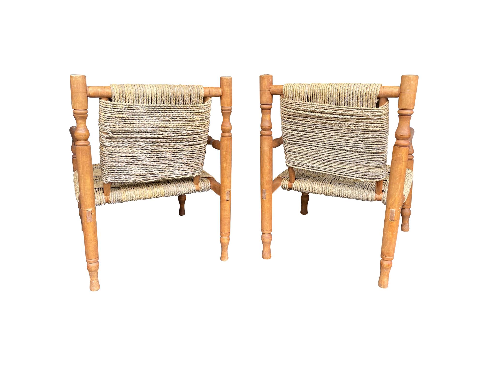 Wonderful Pair of 1950s French Rope and Wood Chairs by Audoux and Minet 8