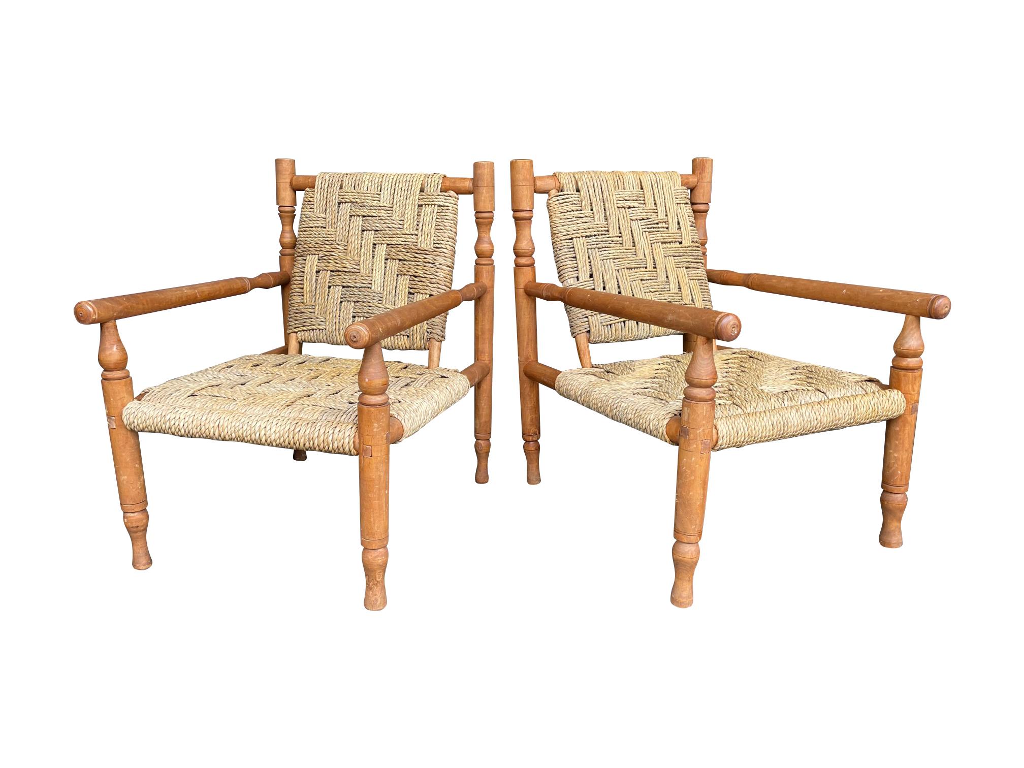 Wonderful Pair of 1950s French Rope and Wood Chairs by Audoux and Minet 10