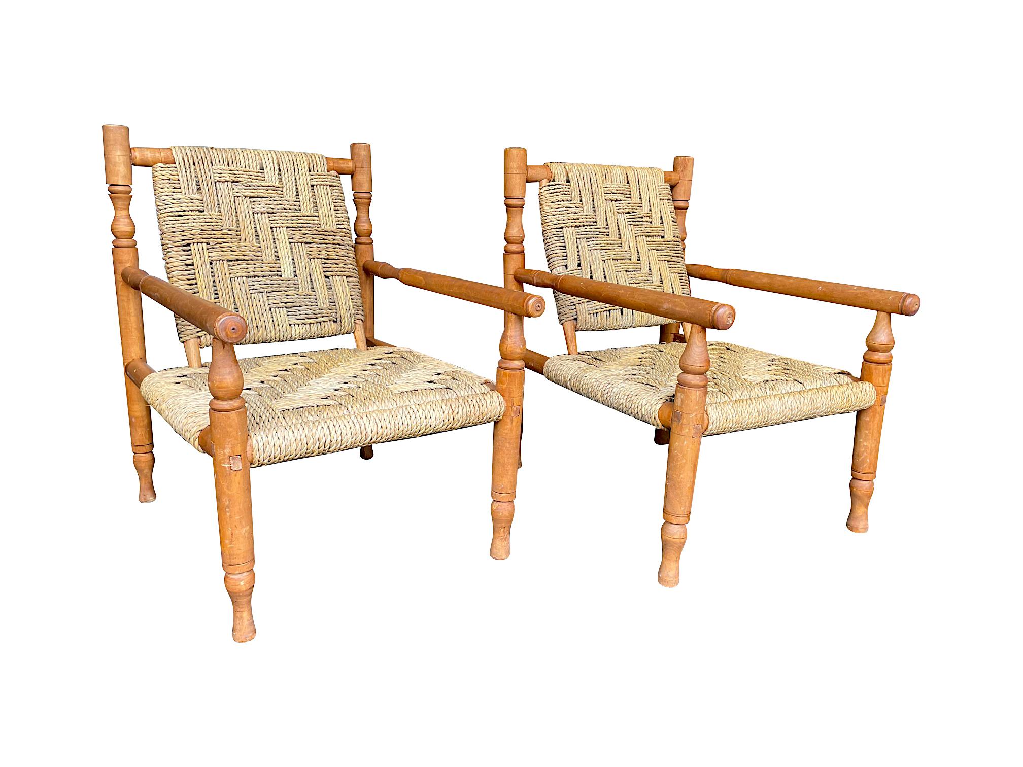 Mid-Century Modern Wonderful Pair of 1950s French Rope and Wood Chairs by Audoux and Minet