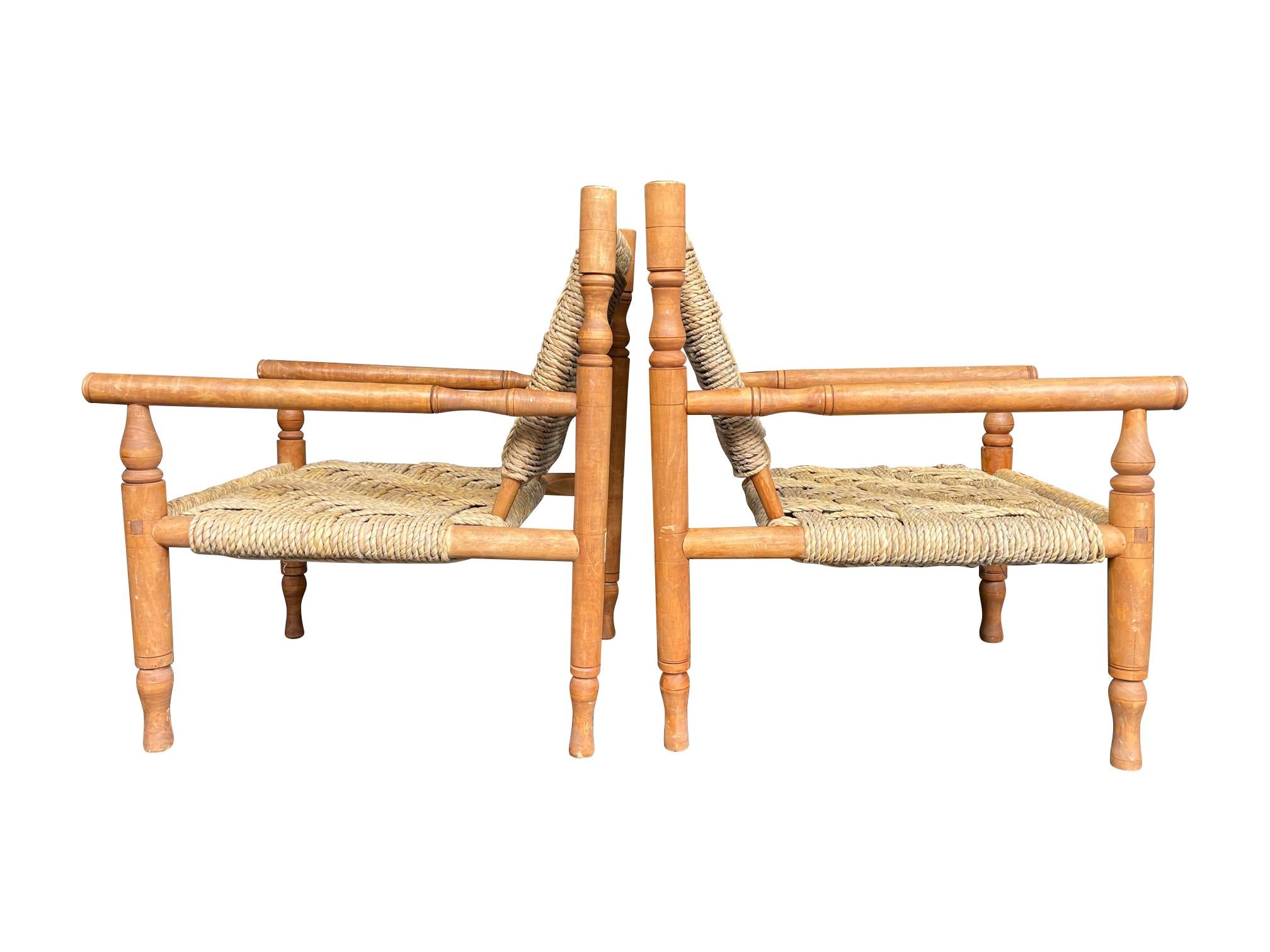 Wonderful Pair of 1950s French Rope and Wood Chairs by Audoux and Minet 1