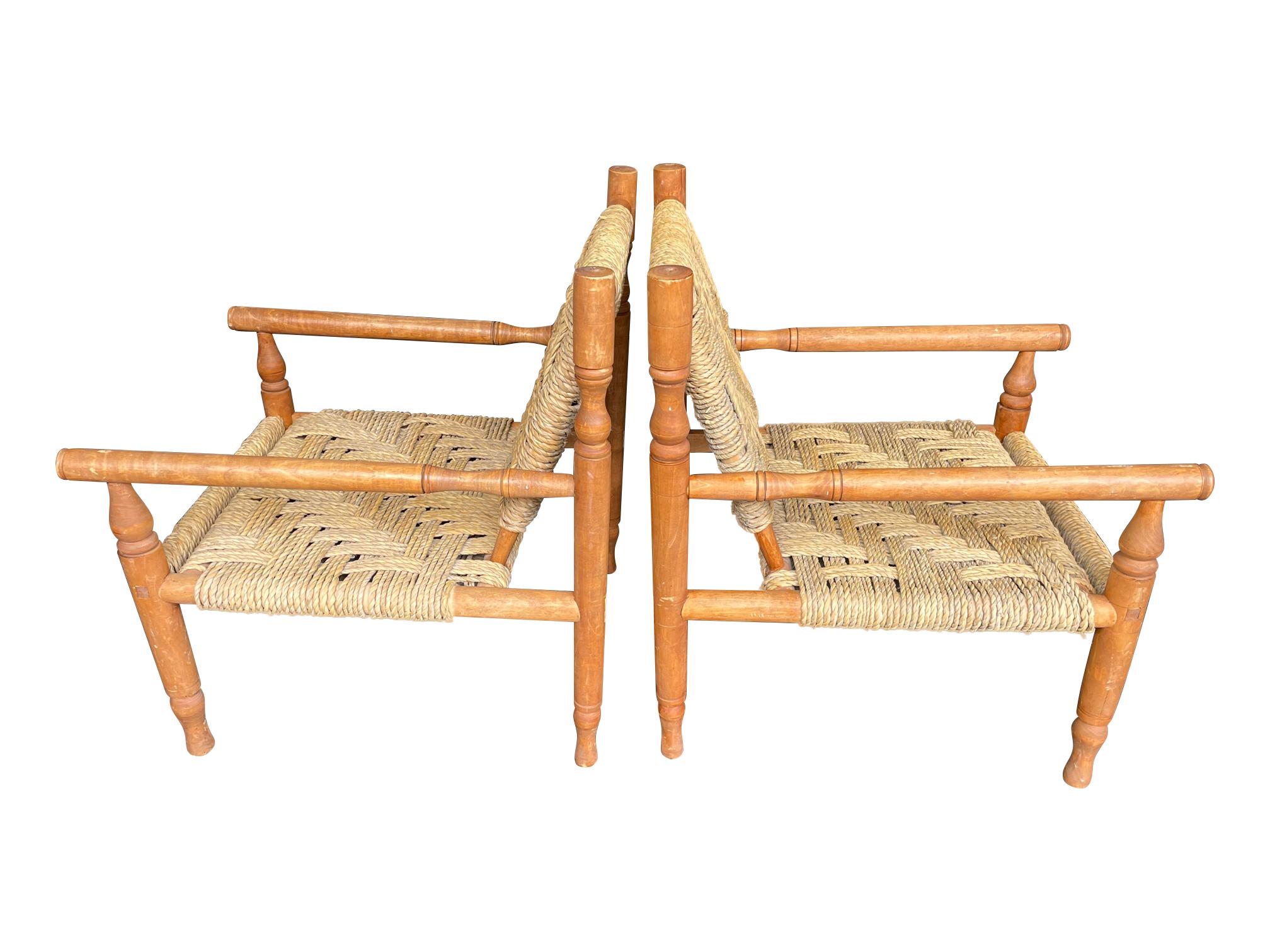 Wonderful Pair of 1950s French Rope and Wood Chairs by Audoux and Minet 2