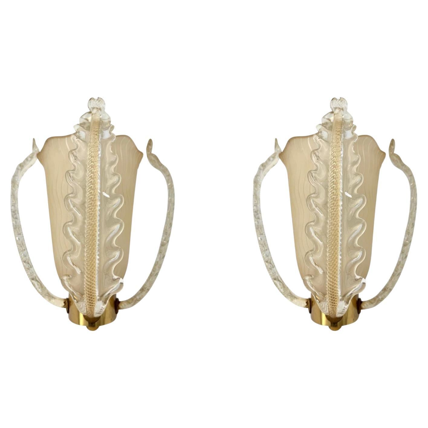 A wonderful pair of 1950s Murano glass wall sconces by Barovier and Toso