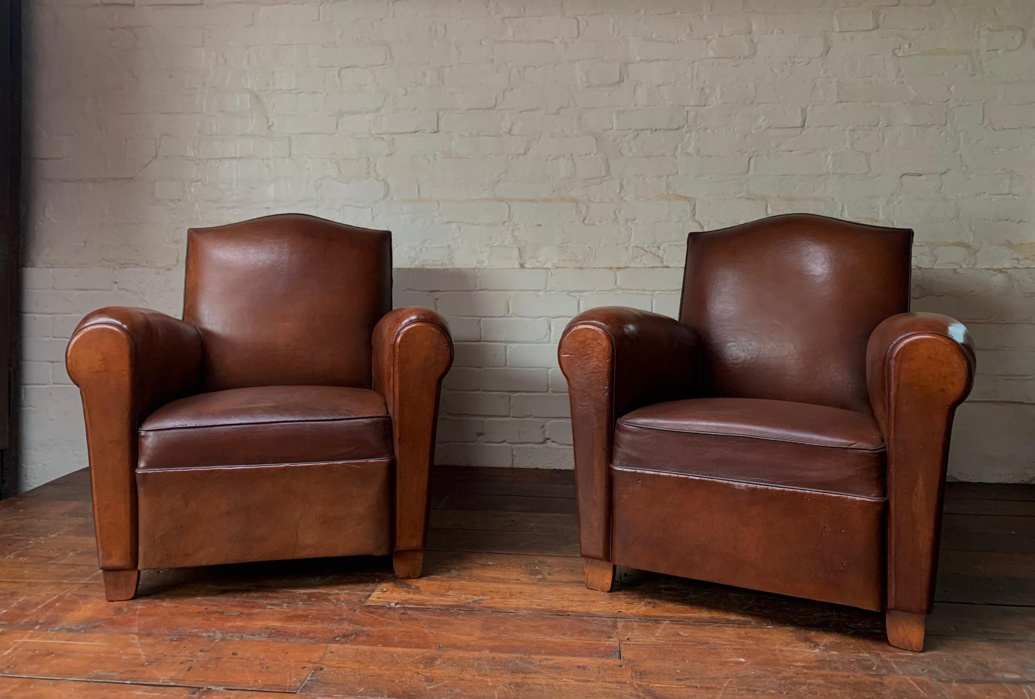 A Wonderful Pair of French Leather Club Chairs Chapeau du Gendarme Models, C1950 For Sale 5