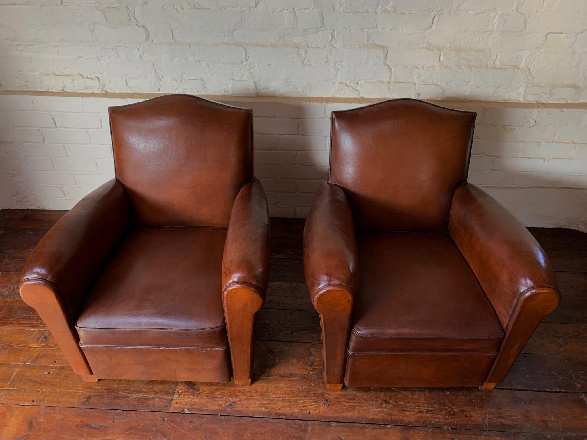 A Wonderful Pair of French Leather Club Chairs Chapeau du Gendarme Models, C1950 For Sale 6