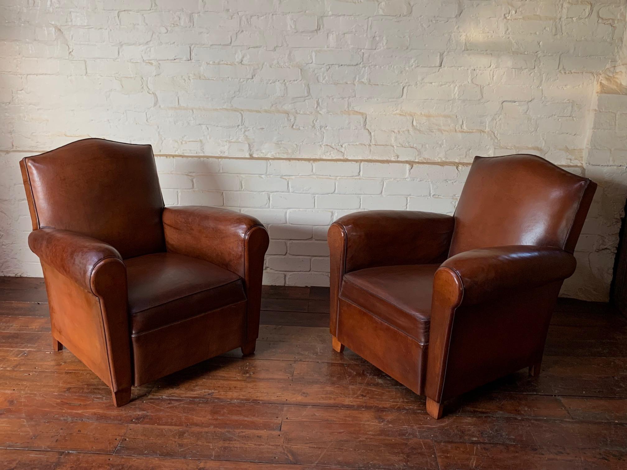 A Wonderful Pair of French Leather Club Chairs Chapeau du Gendarme Models, C1950 For Sale 1