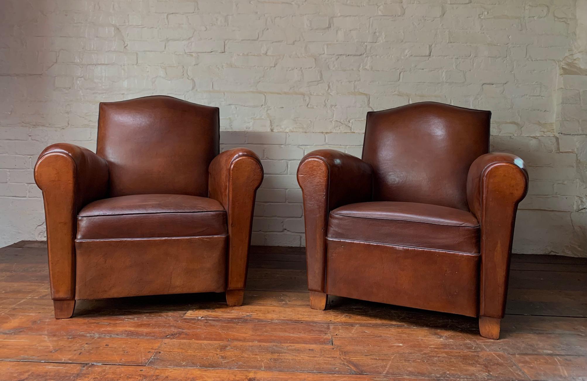 A Wonderful Pair of French Leather Club Chairs Chapeau du Gendarme Models, C1950 For Sale 2