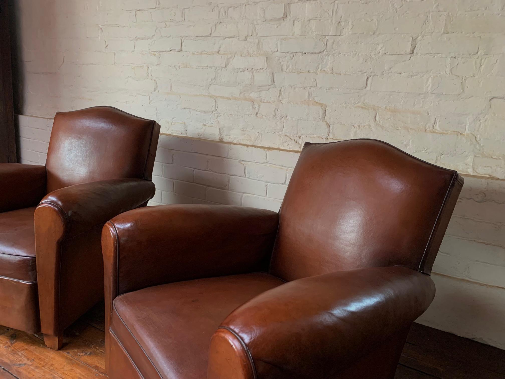 A Wonderful Pair of French Leather Club Chairs Chapeau du Gendarme Models, C1950 For Sale 3