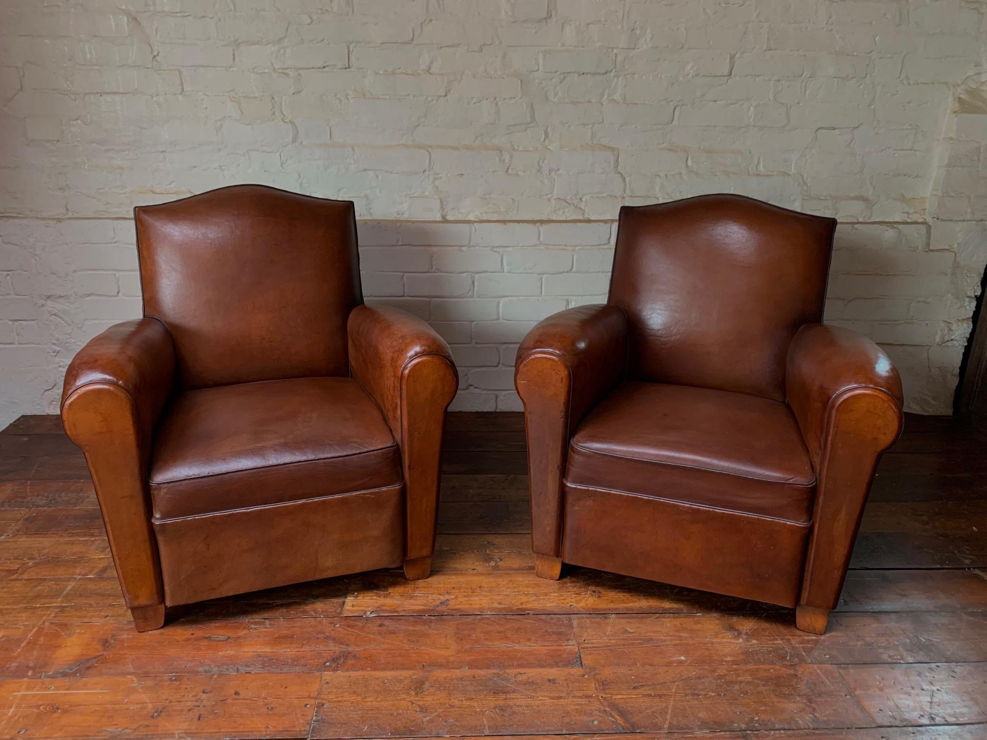 A Wonderful Pair of French Leather Club Chairs Chapeau du Gendarme Models, C1950 For Sale 4