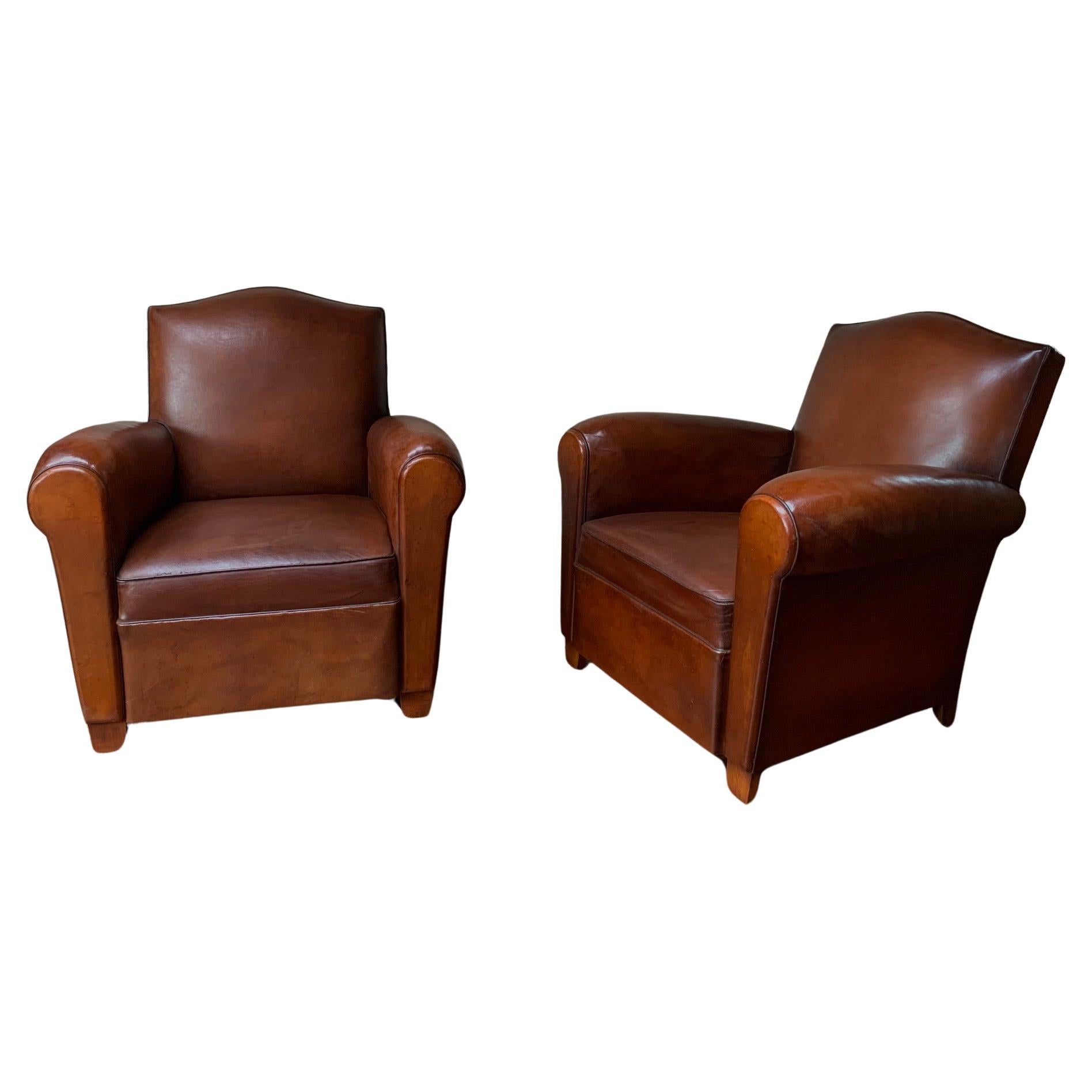 A Wonderful Pair of French Leather Club Chairs Chapeau du Gendarme Models, C1950 For Sale