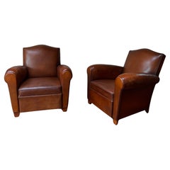 Vintage A Wonderful Pair of French Leather Club Chairs Chapeau du Gendarme Models, C1950