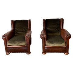 A Wonderful Pair of French Leather Club Chairs, Wing-Back Comfort Models C1900