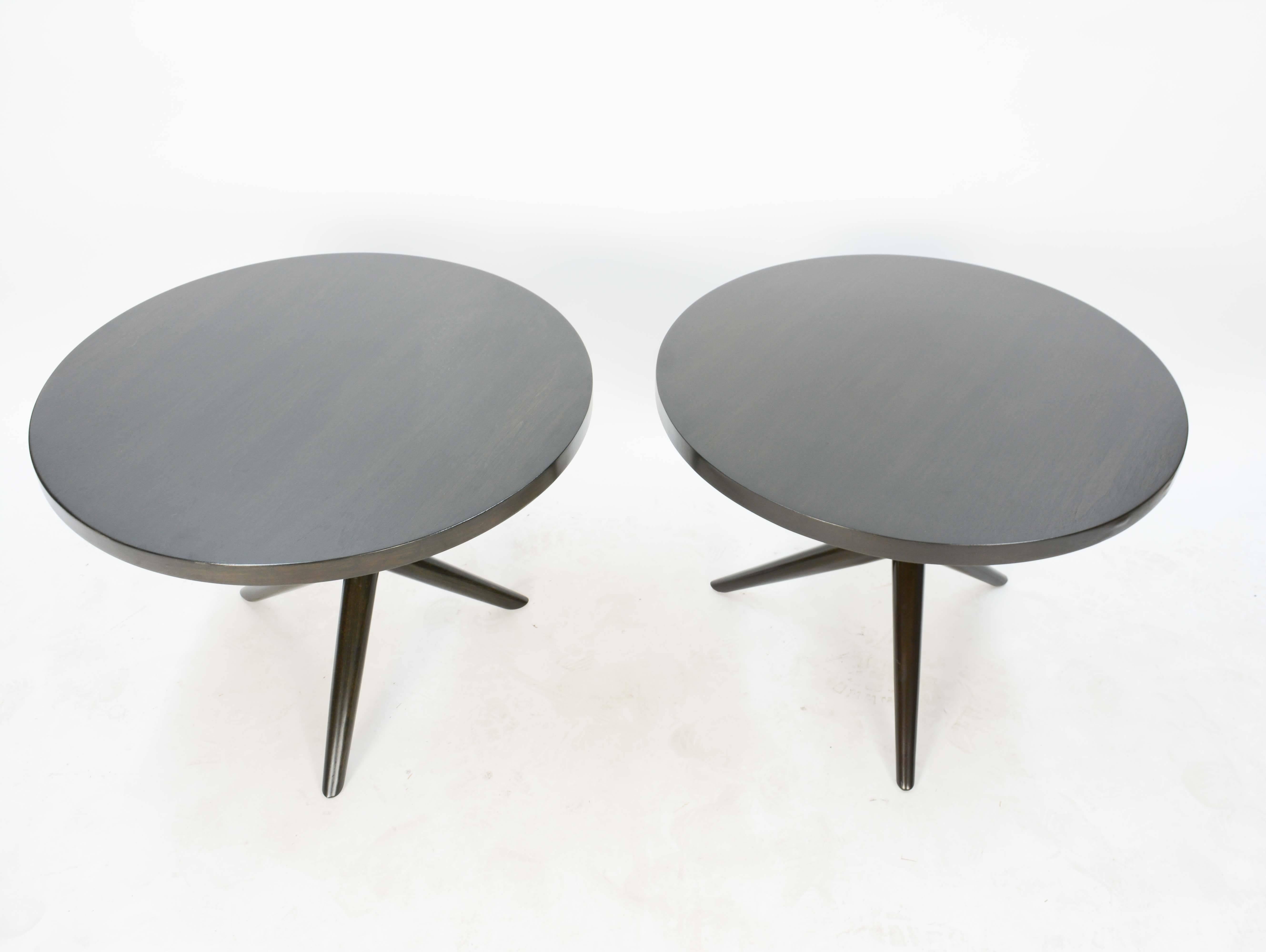 The wonderful side tables are from Gibbings line for Widdicomb and have been lacquered in a deep black brown. The form is elegant for any room or office. Both are dated and have their model number. One of the tables has the Widdicomb label with the