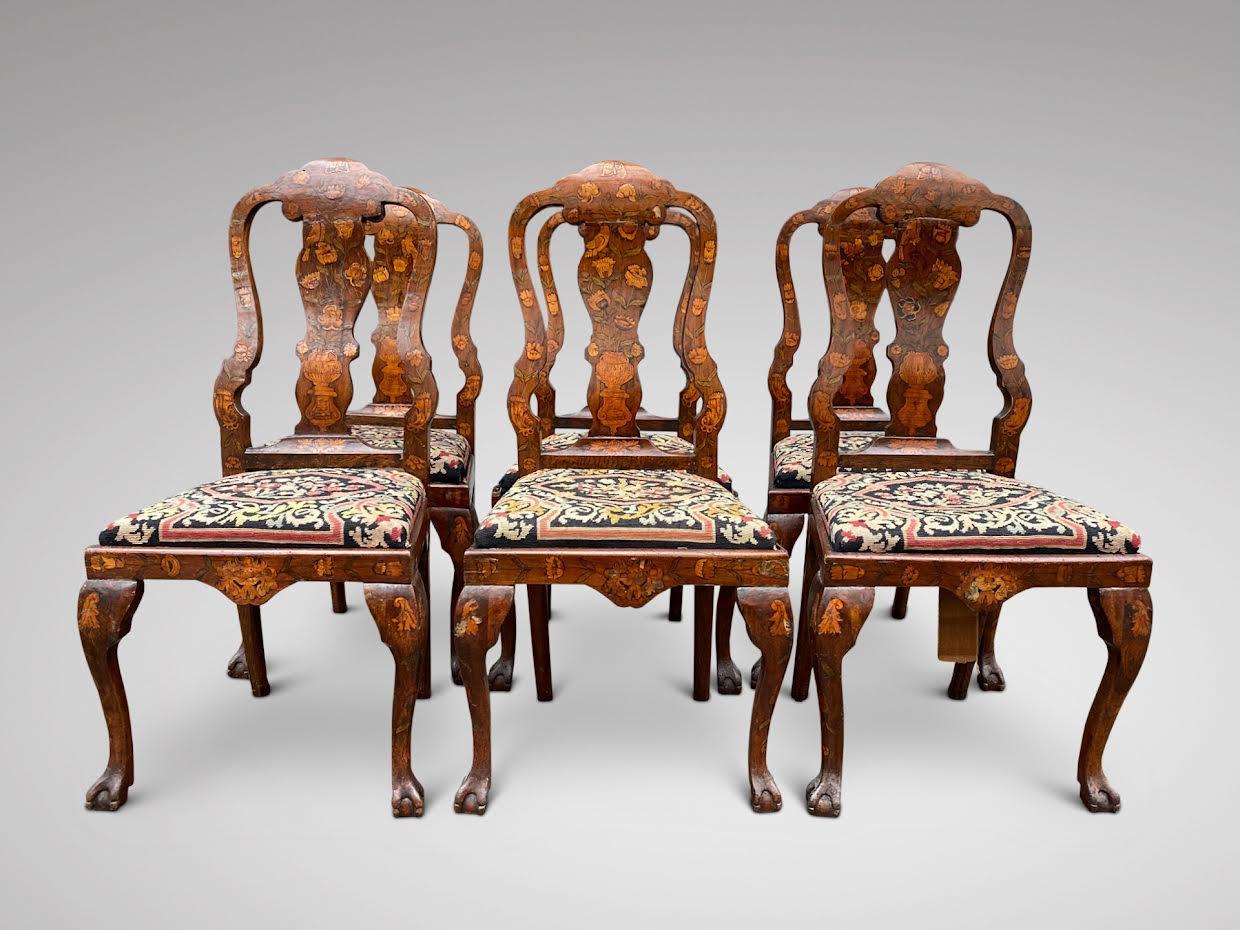 George III Wonderful Set of 18th Century Dutch Walnut Marquetry Dining Room Chairs