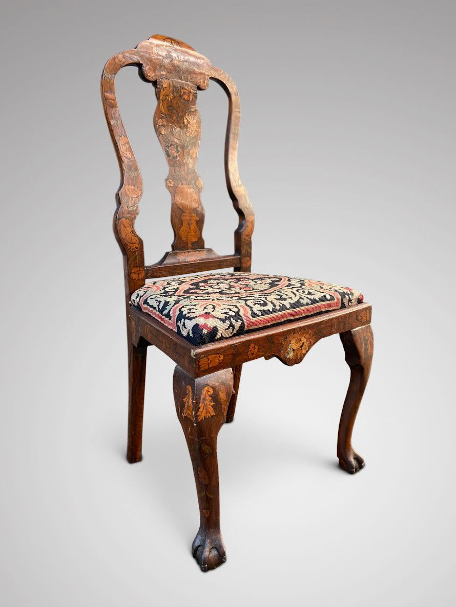 Carved Wonderful Set of 18th Century Dutch Walnut Marquetry Dining Room Chairs