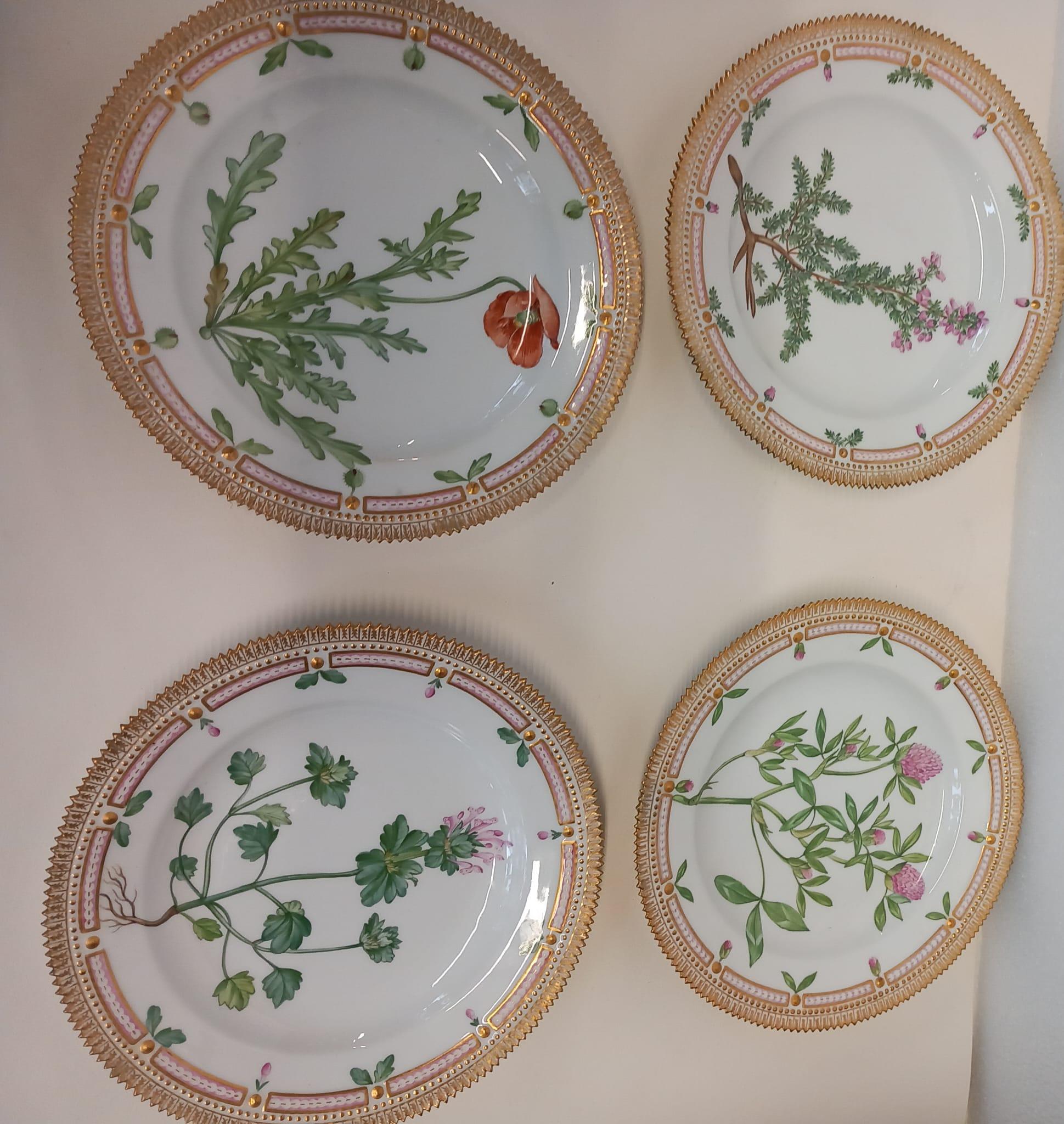A wonderful set of six Flora Danica hand painted plates (4 dinner & 2 soup) For Sale 4