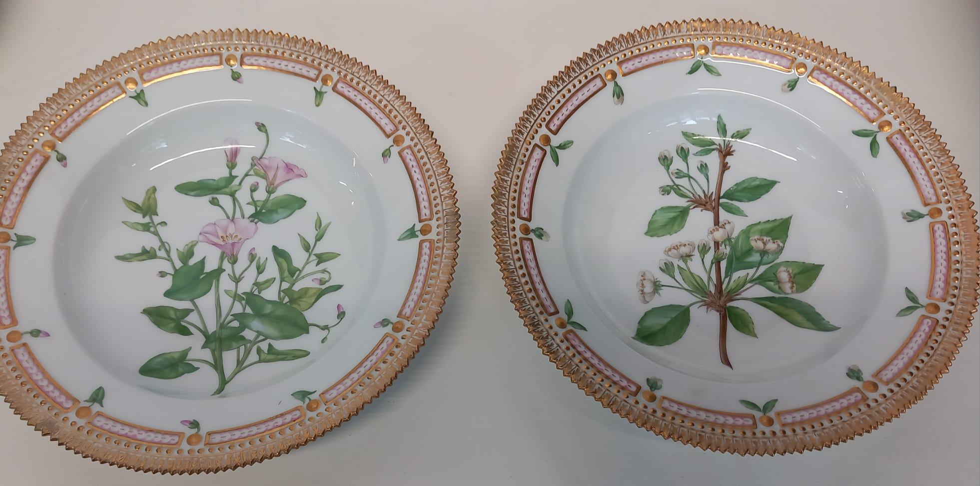 A wonderful set of six Flora Danica hand painted plates (4 dinner & 2 soup) For Sale 5