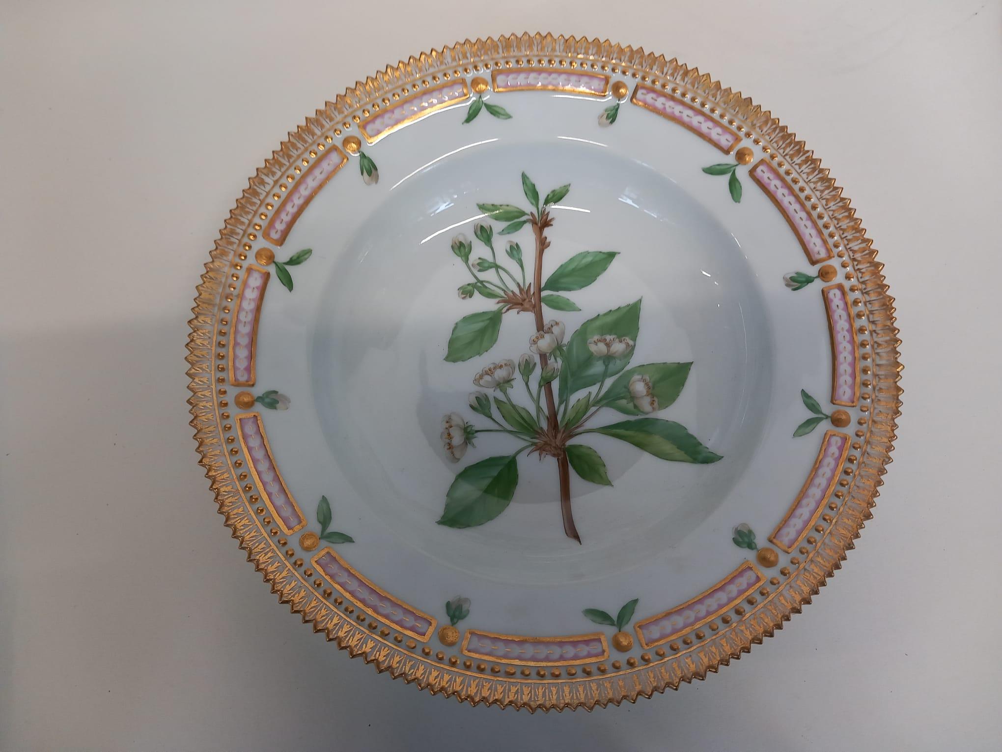 A set of six Flora Danica hand painted plates (4 dinner plates and 2 soup plates) , each one decorated with a different horticultural design, the borders intricately gadrooned in gold leaf with small buds and foliage under the gilded border that