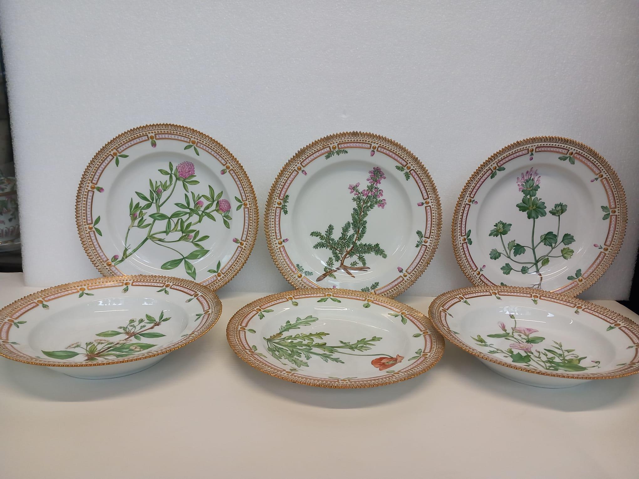 A wonderful set of six Flora Danica hand painted plates (4 dinner & 2 soup) For Sale 2
