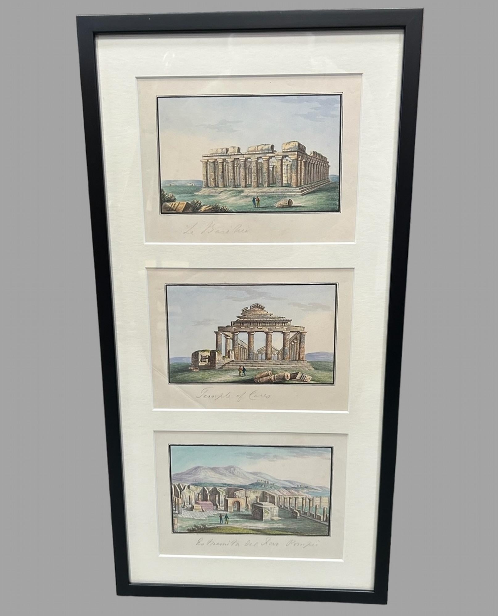 Ein fabelhafter Satz von sechs gerahmten und glasierten komplizierten Gouachen italienischer Wahrzeichen/Orte von Interesse aus dem 19. Jeder Rahmen hat drei komplizierte Gouache's, schön detailliert und sind 17 x 10 cm in der Größe, sie haben