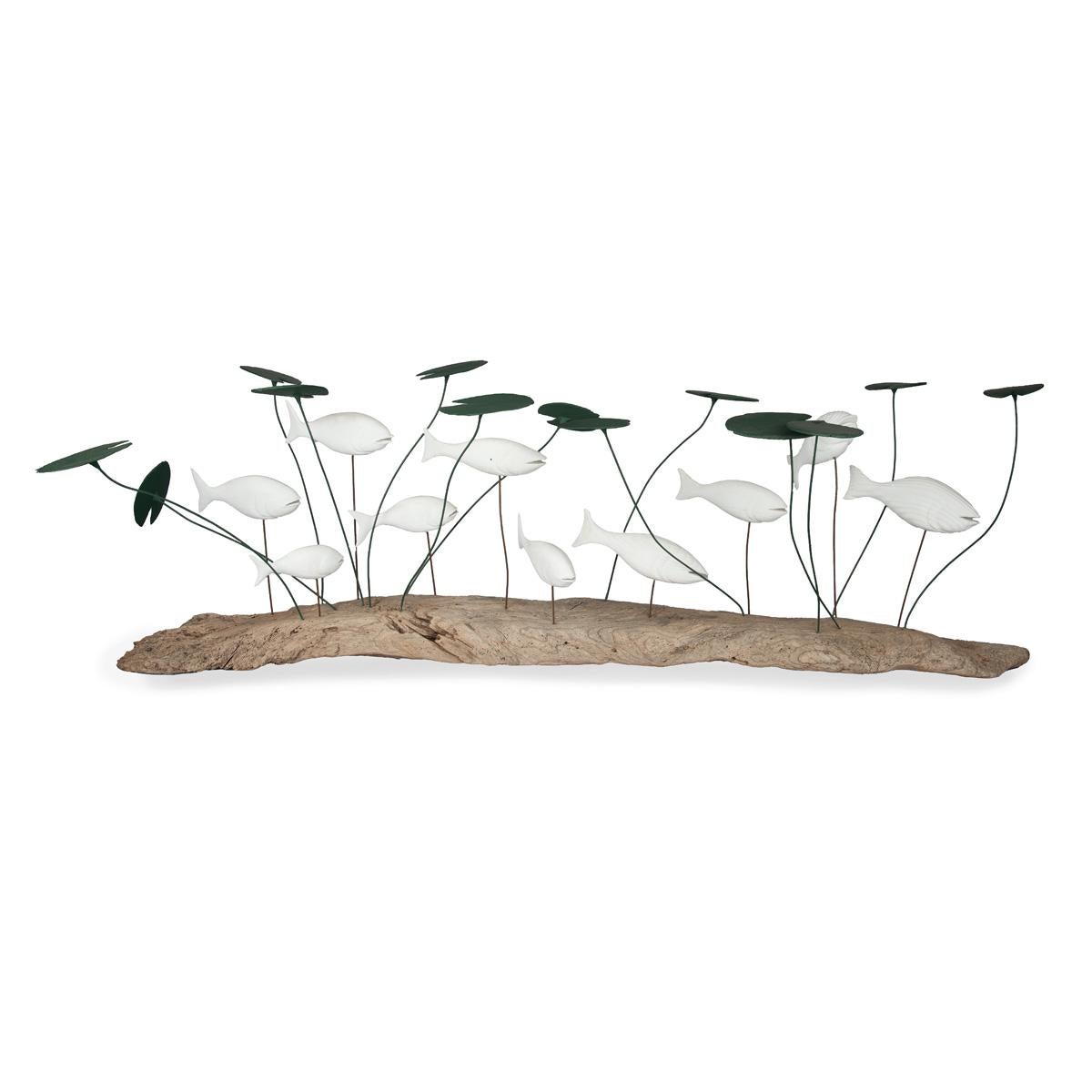 English A wood and metal sculpture of a shoal of fish amongst lily pads by Martin Scorey For Sale