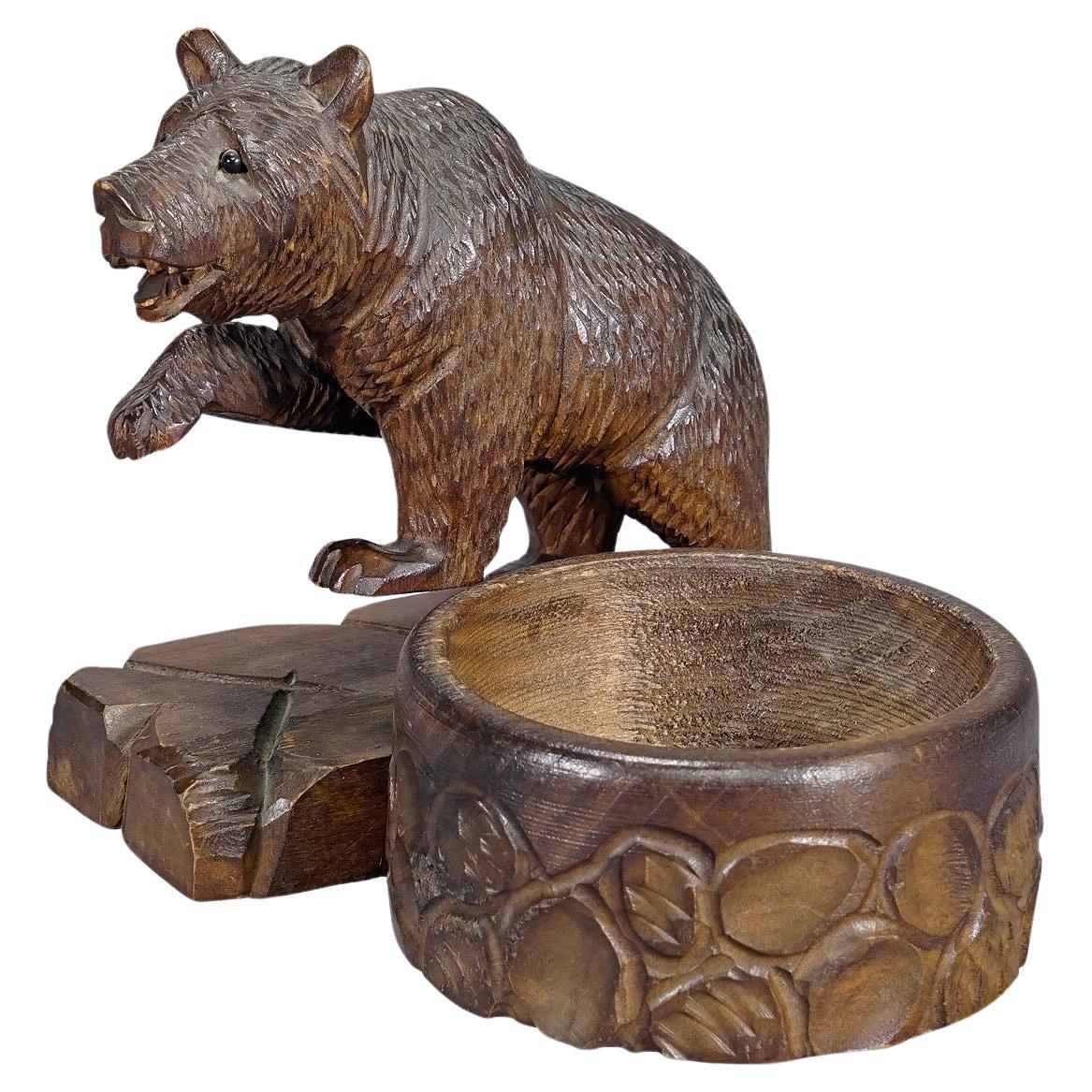 A Wooden Carved Black Forest Bear with Bowl ca. 1920s For Sale