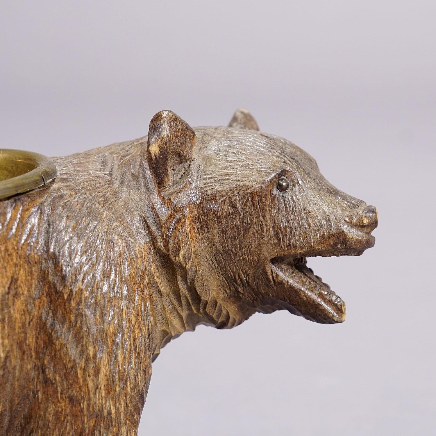 Swiss A Wooden Carved Black Forest Bear with Brass Bowl ca. 1920s
